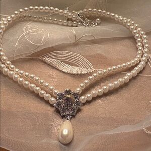 Vintage Avon Two-Strand Teardrop Crystal Cluster Pearl Pendant Necklace NIB N29
